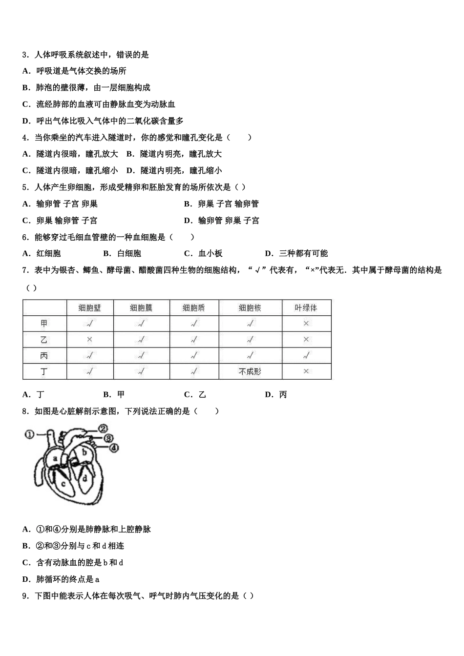 2025届江苏省泰州市周庄初级中学生物七年级第二学期期末学业水平测试试题含解析_第2页