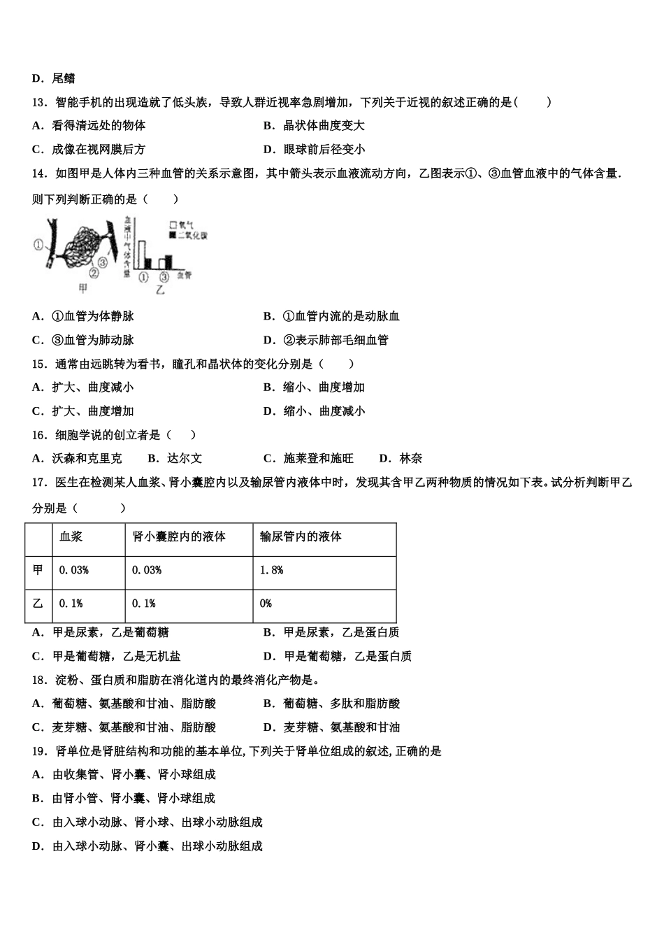 2025届江苏省南京五中学生物七年级第二学期期末达标检测模拟试题含解析_第3页