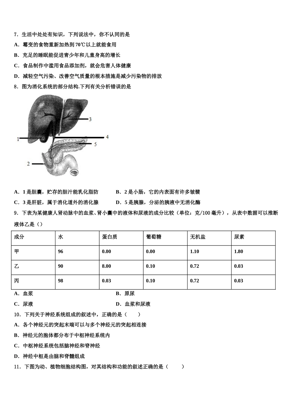 江苏省淮安市凌桥乡初级中学2025届七下生物期末学业质量监测模拟试题含解析_第2页