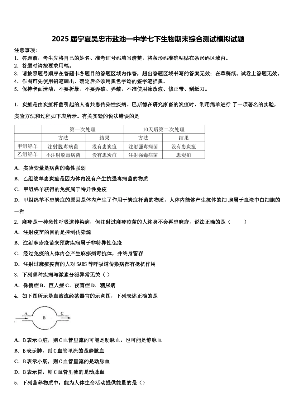 2025届宁夏吴忠市盐池一中学七下生物期末综合测试模拟试题含解析_第1页