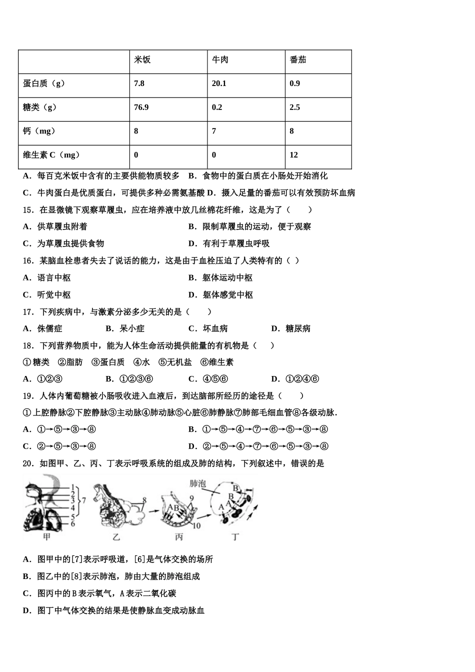宁夏石嘴山市平罗县2024-2025学年七下生物期末监测模拟试题含解析_第3页