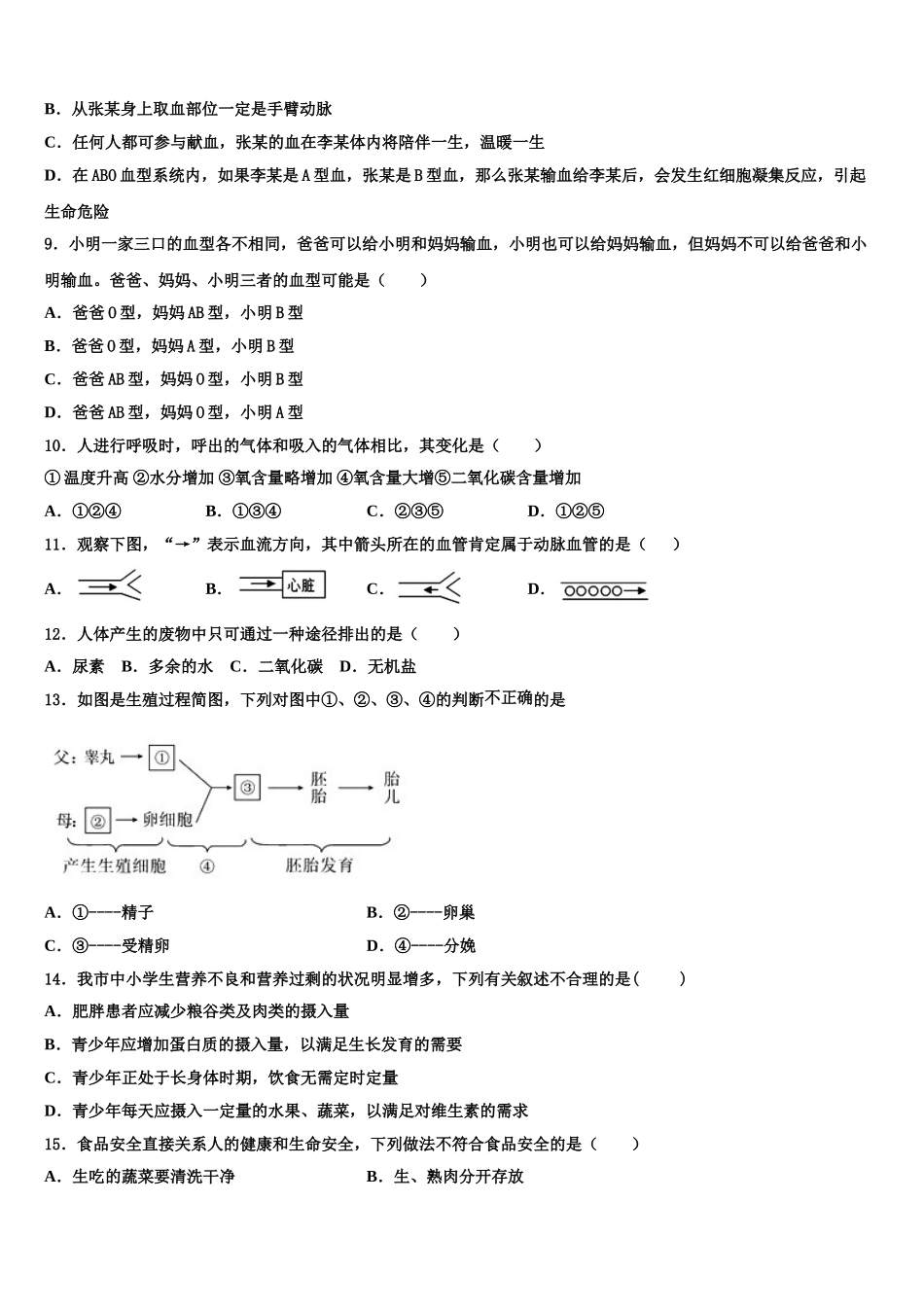 宁夏石嘴山市平罗四中学2024-2025学年七下生物期末学业水平测试模拟试题含解析_第2页