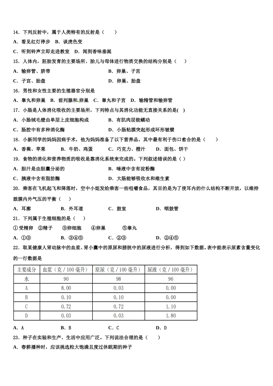 吴忠市重点中学2025届七下生物期末统考试题含解析_第3页