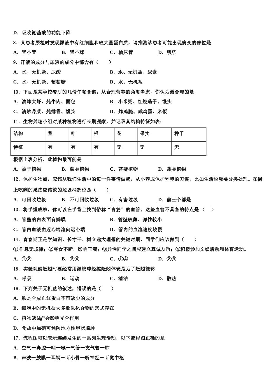 2025届贵州省兴仁县七下生物期末检测模拟试题含解析_第2页
