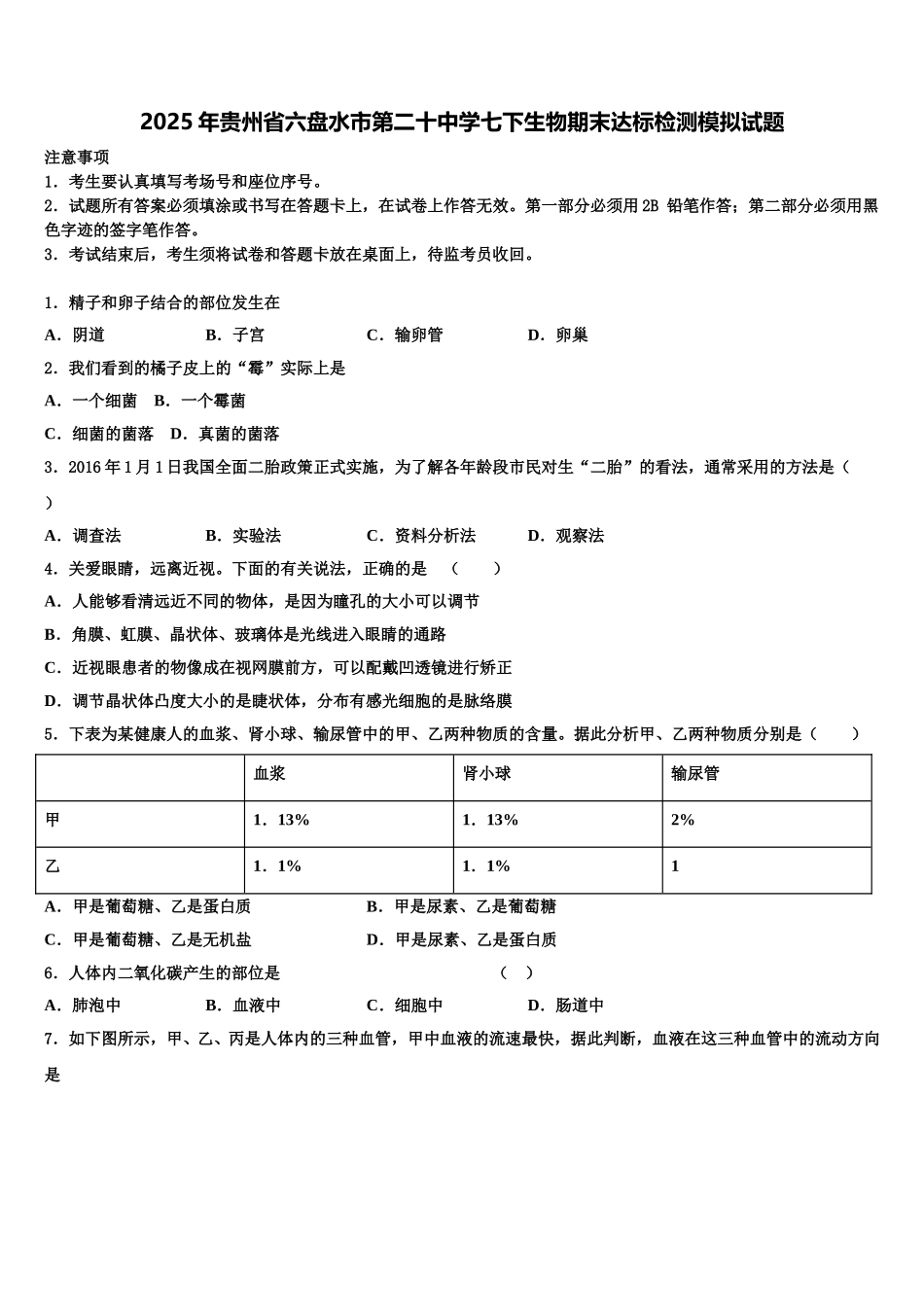 2025年贵州省六盘水市第二十中学七下生物期末达标检测模拟试题含解析_第1页
