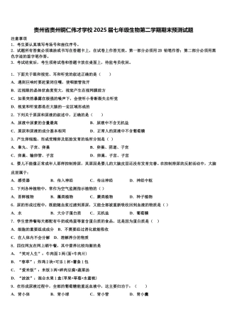 贵州省贵州铜仁伟才学校2025届七年级生物第二学期期末预测试题含解析