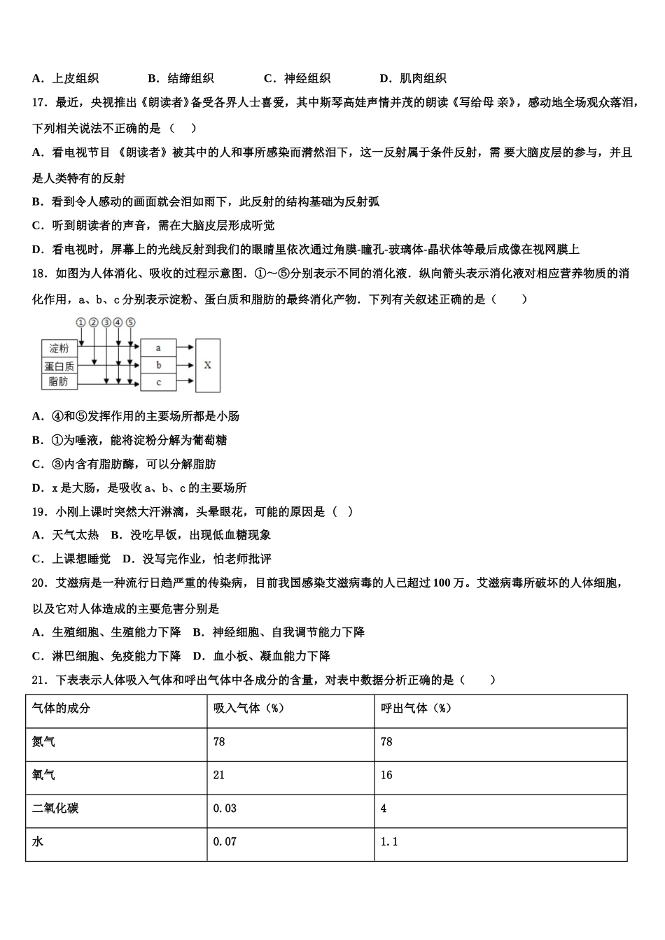 贵州省六盘水市第二十中学2024-2025学年生物七下期末监测试题含解析_第3页