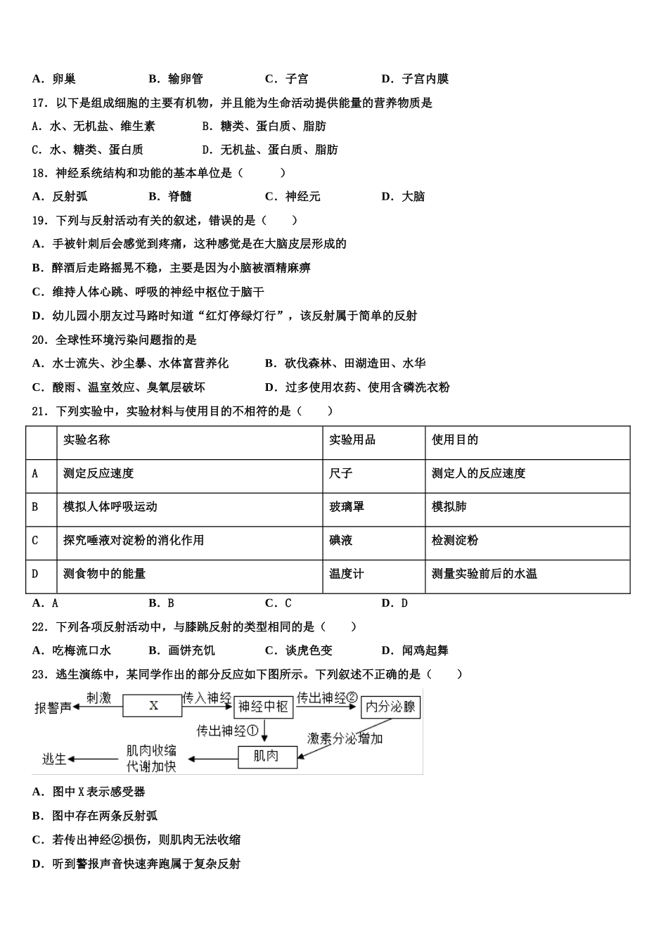 上海市外国语大附属外国语学校2025届生物七年级第二学期期末学业水平测试模拟试题含解析_第3页