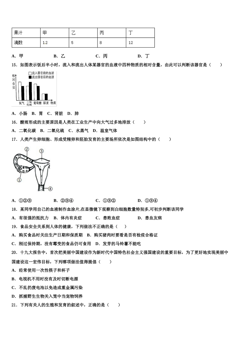 上海市松江区世泽中学2024-2025学年七年级生物第二学期期末教学质量检测模拟试题含解析_第3页