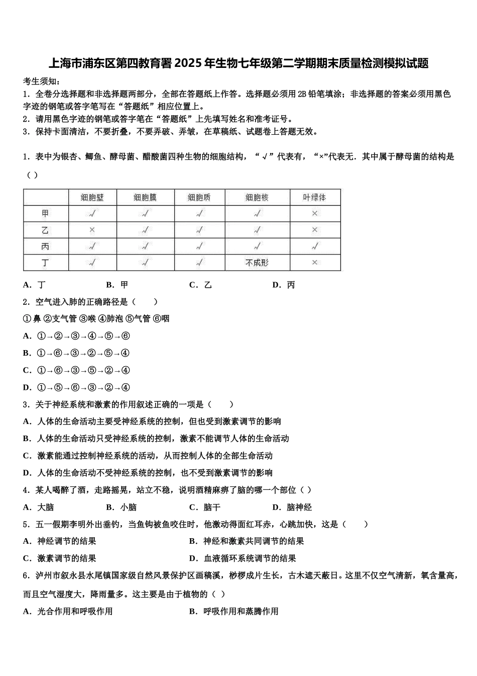 上海市浦东区第四教育署2025年生物七年级第二学期期末质量检测模拟试题含解析_第1页