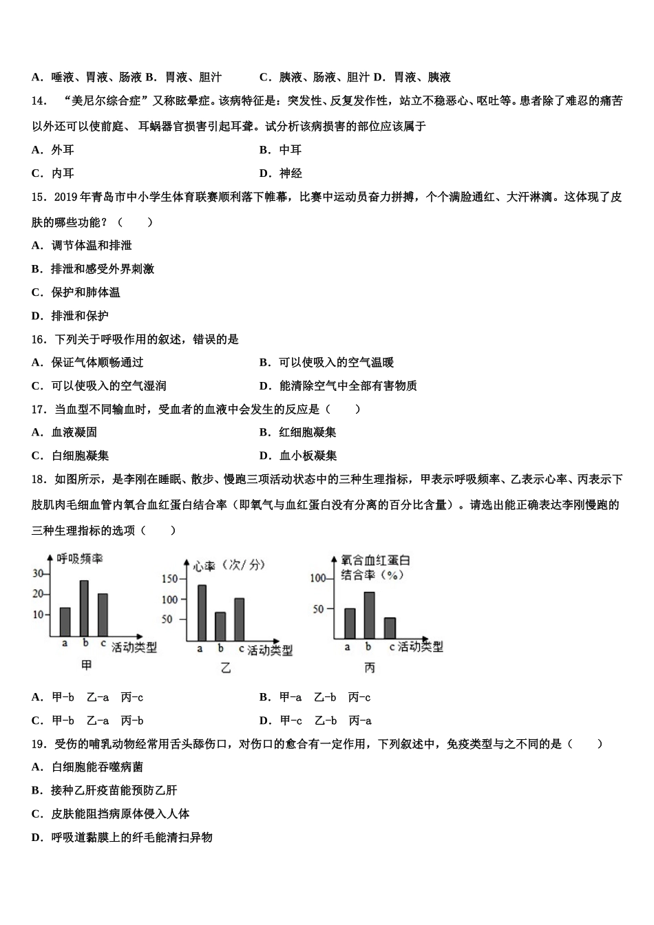 上海市浦东区第四教育署2025年生物七年级第二学期期末质量检测模拟试题含解析_第3页