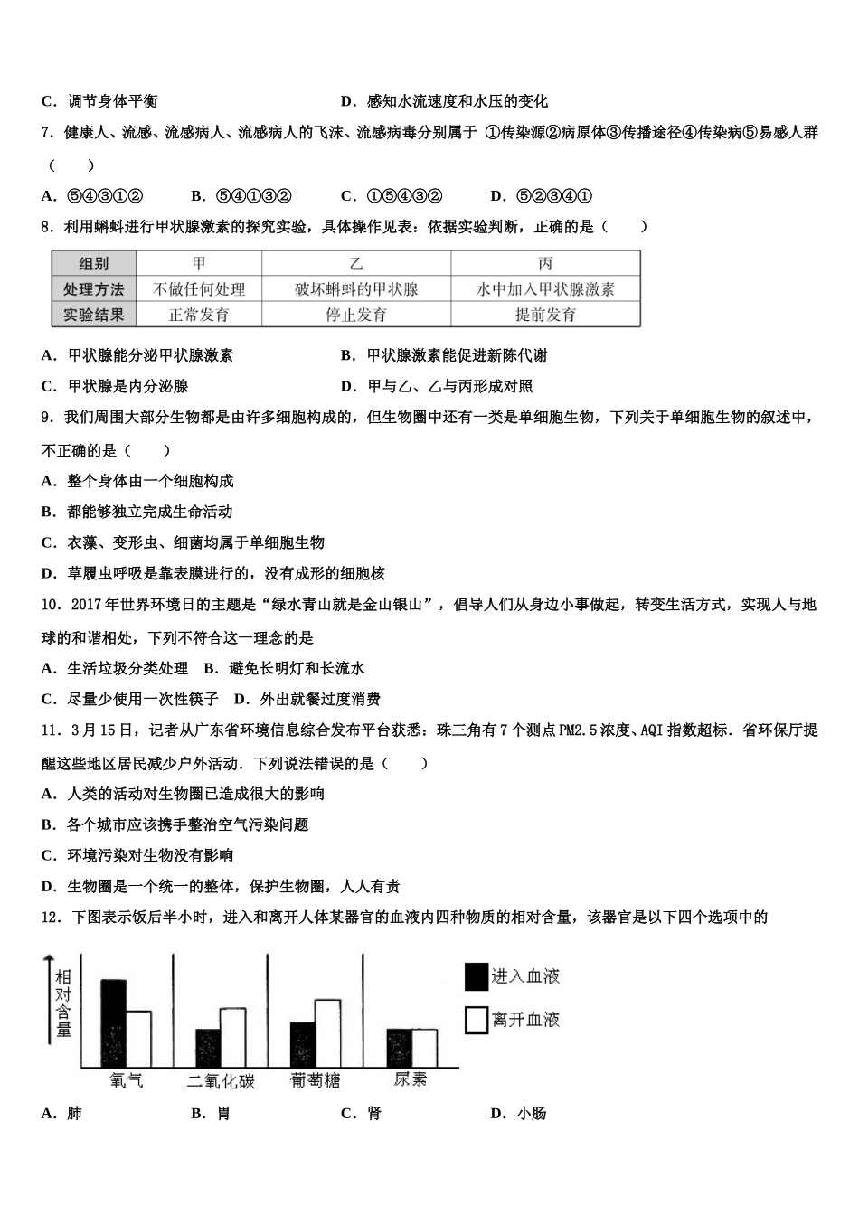 上海市徐汇区2025届生物七年级第二学期期末检测试题含解析_第2页