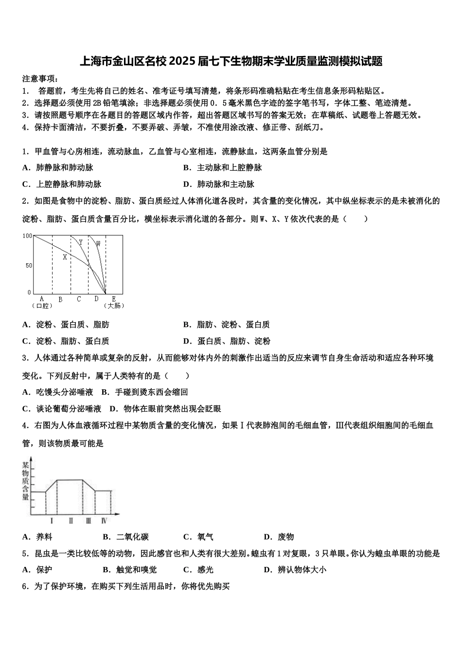 上海市金山区名校2025届七下生物期末学业质量监测模拟试题含解析_第1页