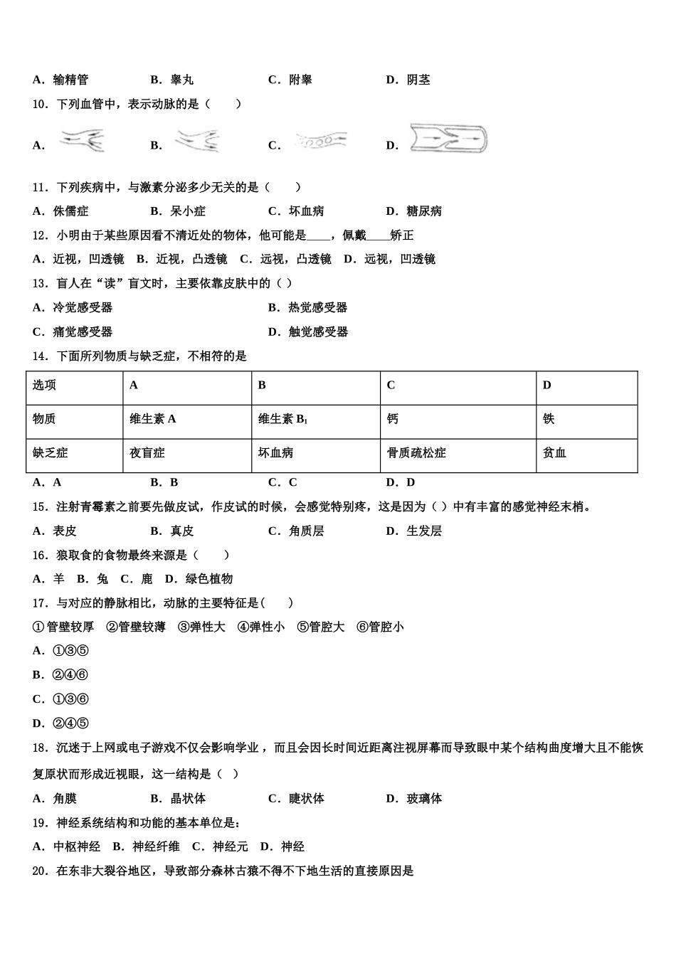2025届上海市徐汇区田林第二中学七下生物期末经典试题含解析_第2页