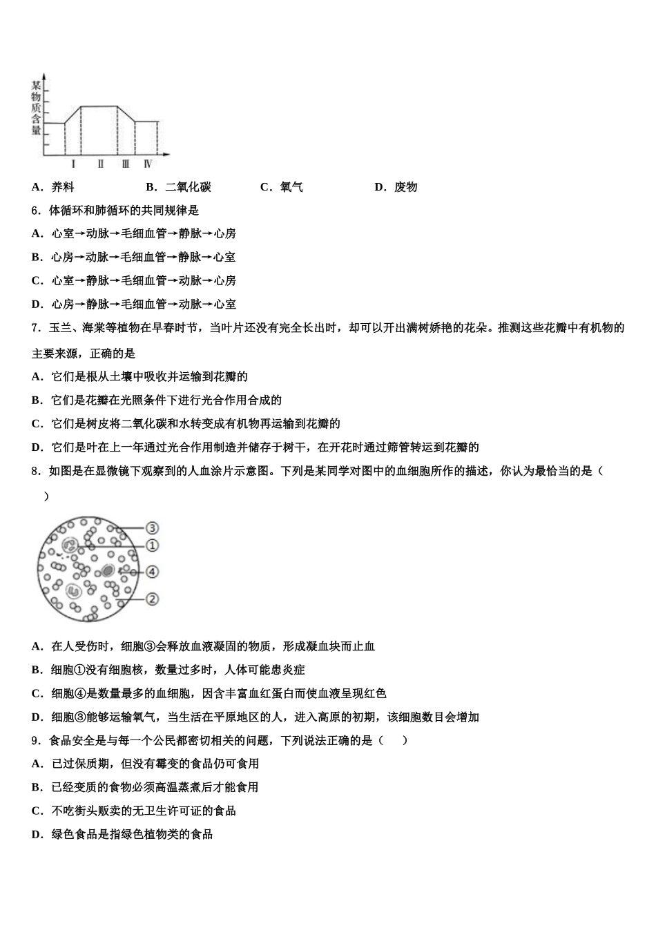 上海第二初级中学2024-2025学年生物七下期末检测试题含解析_第2页