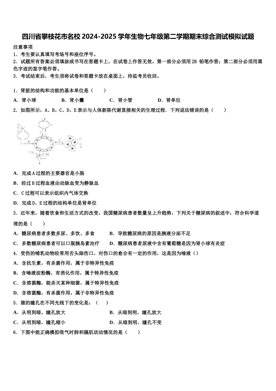 四川省攀枝花市名校2024-2025学年生物七年级第二学期期末综合测试模拟试题含解析_第1页