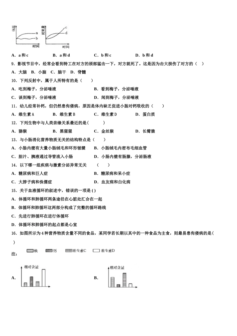 四川省隆昌市第一初级中学2024-2025学年七年级生物第二学期期末调研模拟试题含解析_第2页