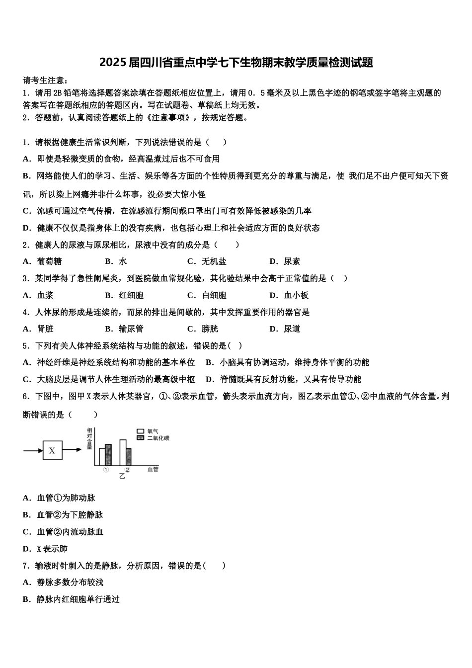 2025届四川省重点中学七下生物期末教学质量检测试题含解析_第1页