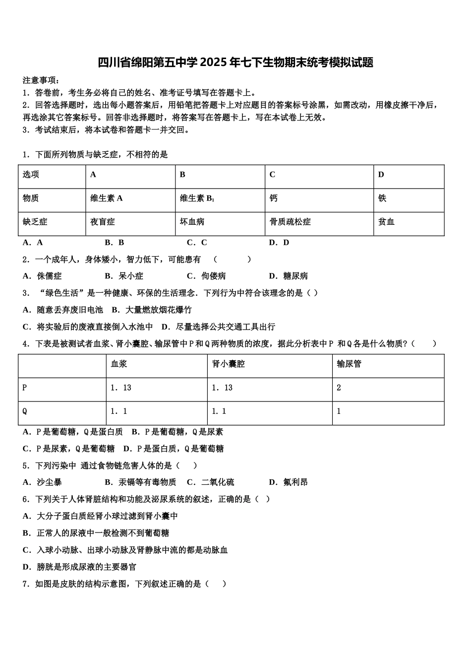 四川省绵阳第五中学2025年七下生物期末统考模拟试题含解析_第1页