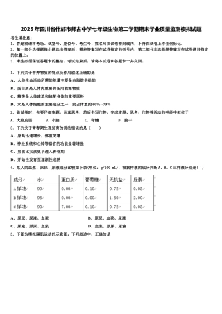 2025年四川省什邡市师古中学七年级生物第二学期期末学业质量监测模拟试题含解析