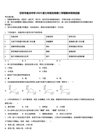 甘孜市重点中学2025届七年级生物第二学期期末预测试题含解析