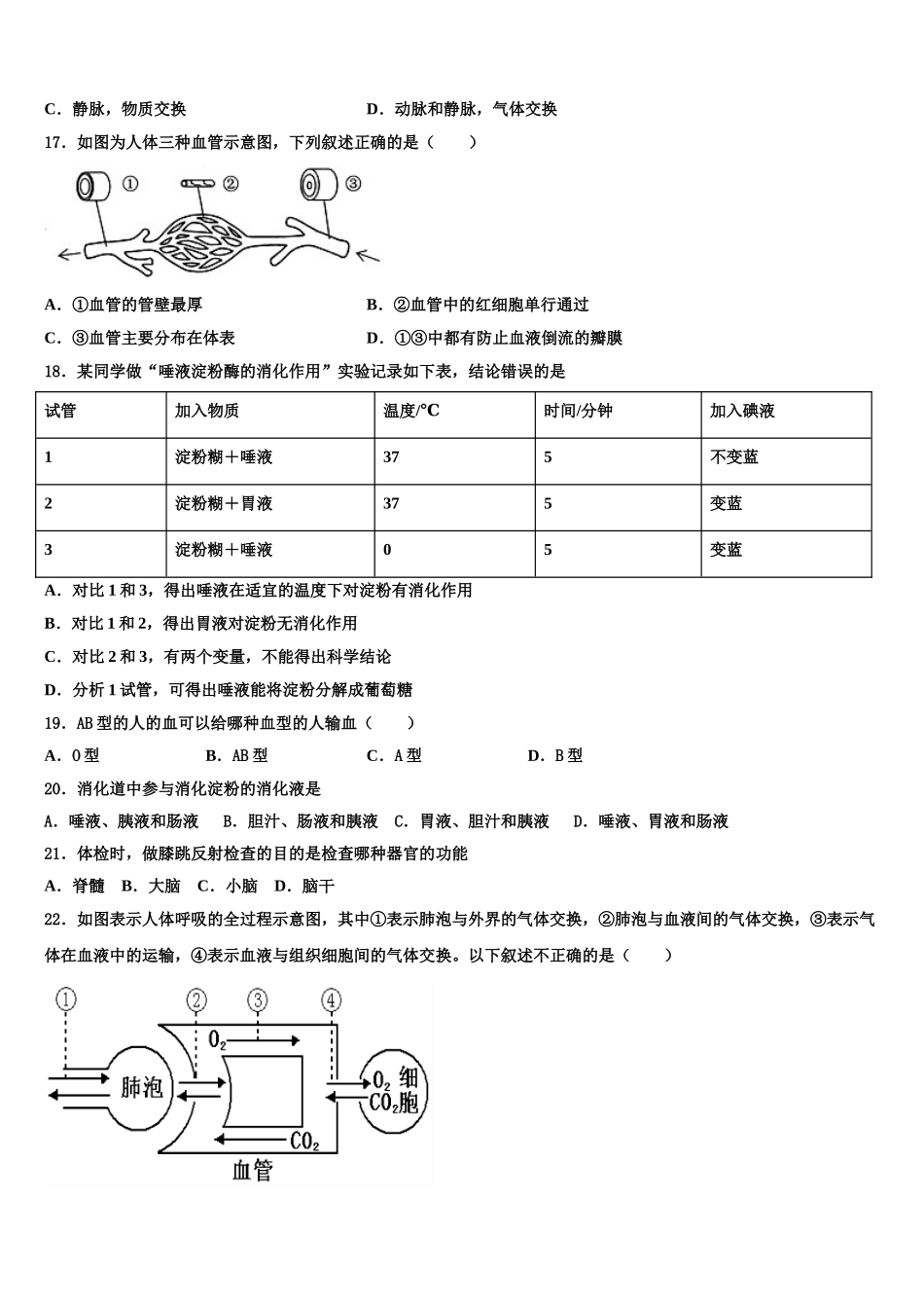 四川省宜宾二中学2025届七下生物期末联考模拟试题含解析_第3页