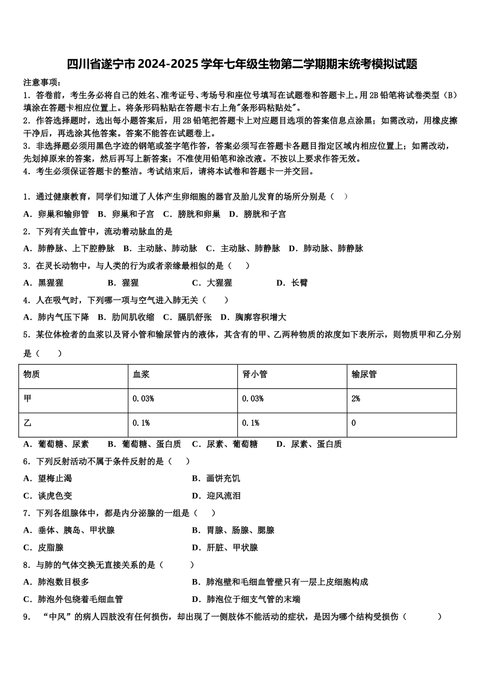 四川省遂宁市2024-2025学年七年级生物第二学期期末统考模拟试题含解析_第1页