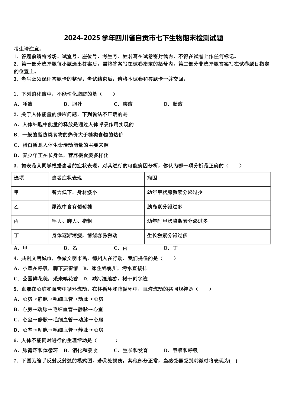 2024-2025学年四川省自贡市七下生物期末检测试题含解析_第1页