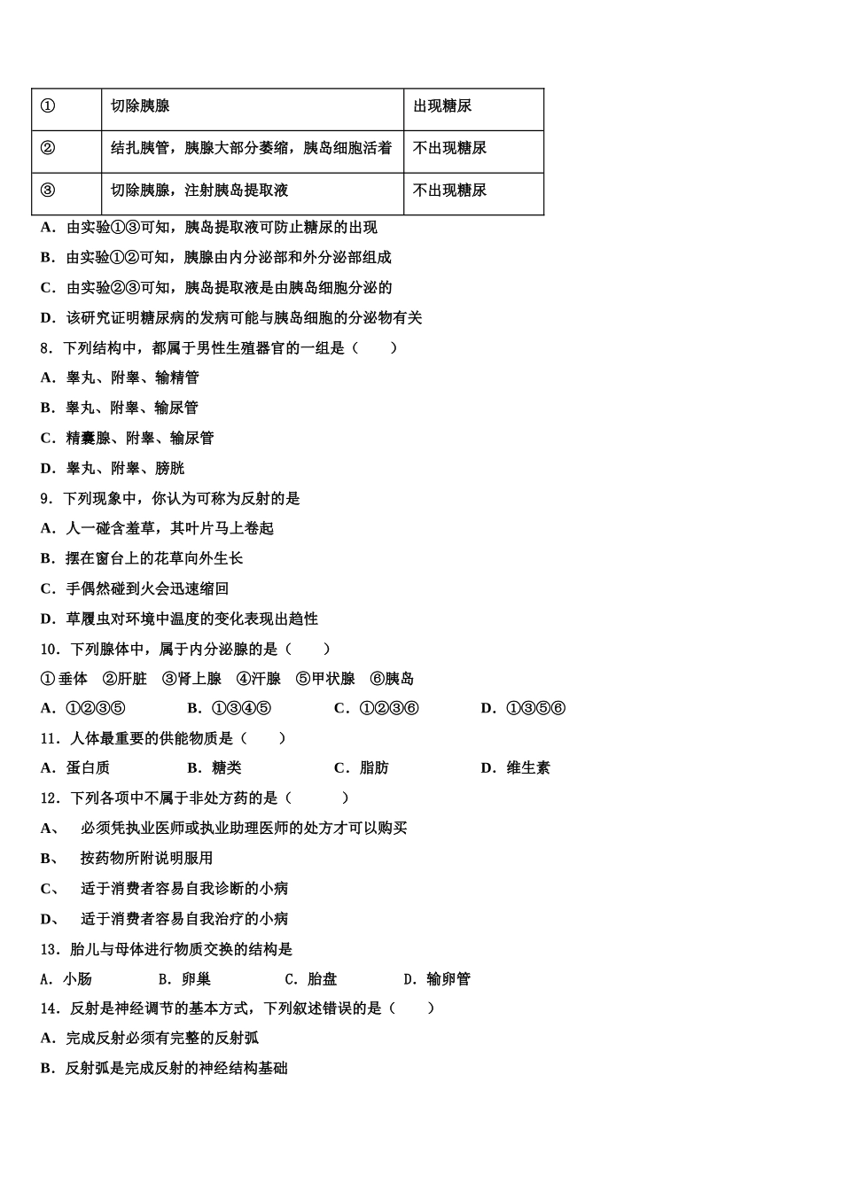 2024-2025学年四川省富顺县生物七下期末学业质量监测试题含解析_第2页