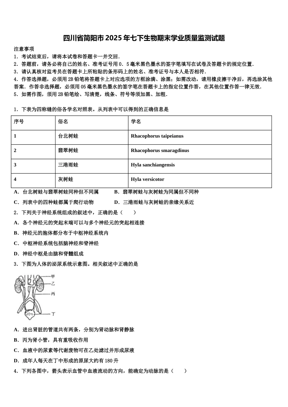 四川省简阳市2025年七下生物期末学业质量监测试题含解析_第1页