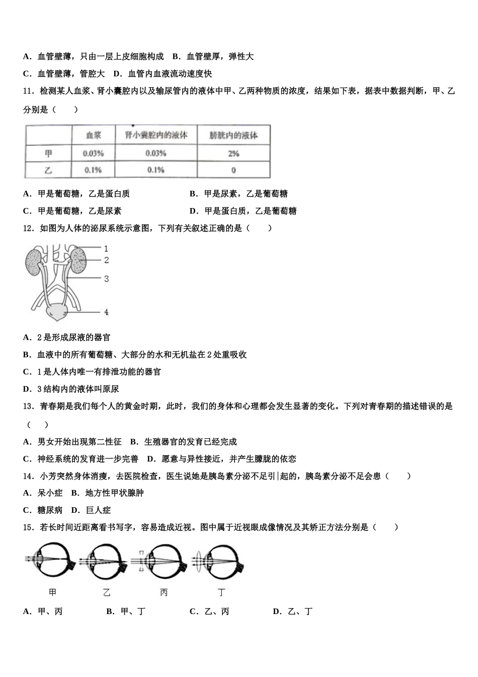 2025年甘肃省张掖市名校七下生物期末教学质量检测模拟试题含解析_第2页