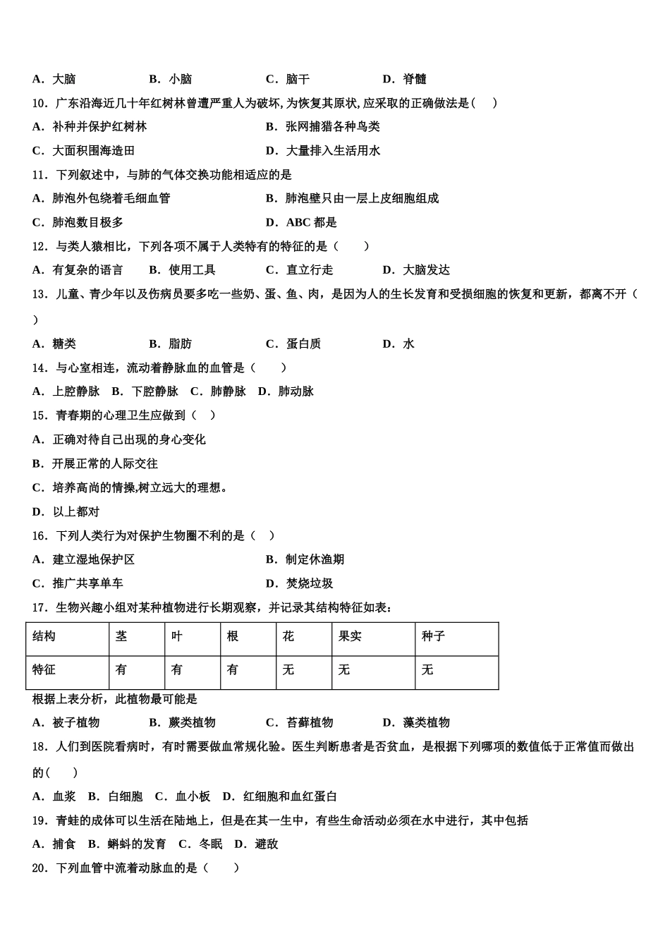 甘肃省武威市2025届生物七年级第二学期期末复习检测试题含解析_第2页