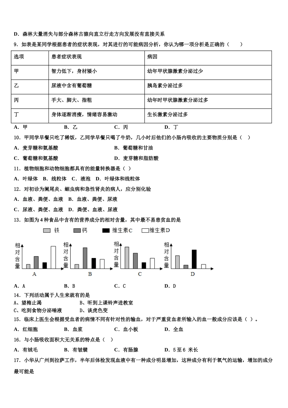 2024-2025学年甘肃省兰州市名校七年级生物第二学期期末质量跟踪监视试题含解析_第2页