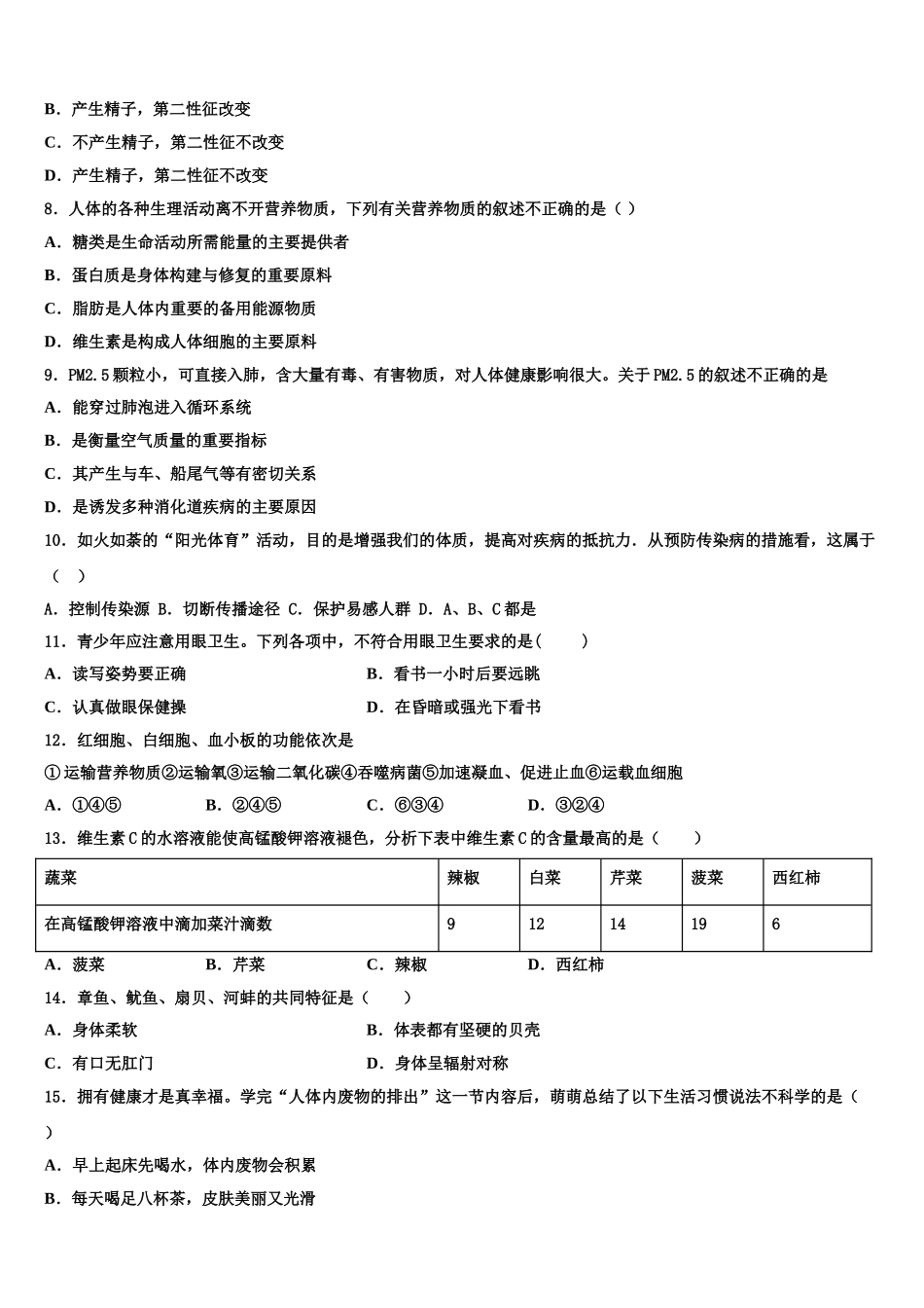 2025届甘肃省金昌市金川区宁远中学七下生物期末考试模拟试题含解析_第2页