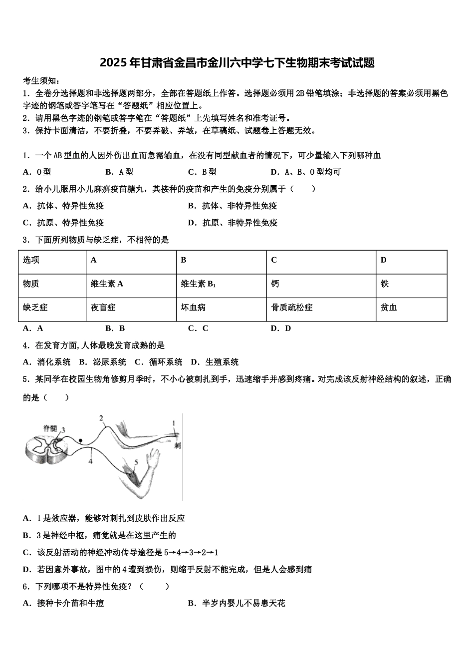 2025年甘肃省金昌市金川六中学七下生物期末考试试题含解析_第1页
