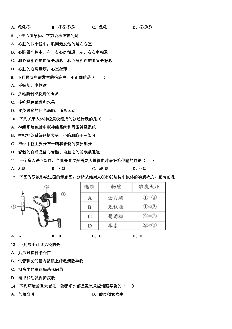 甘肃省庆阳市合水县2024-2025学年七下生物期末检测试题含解析_第2页