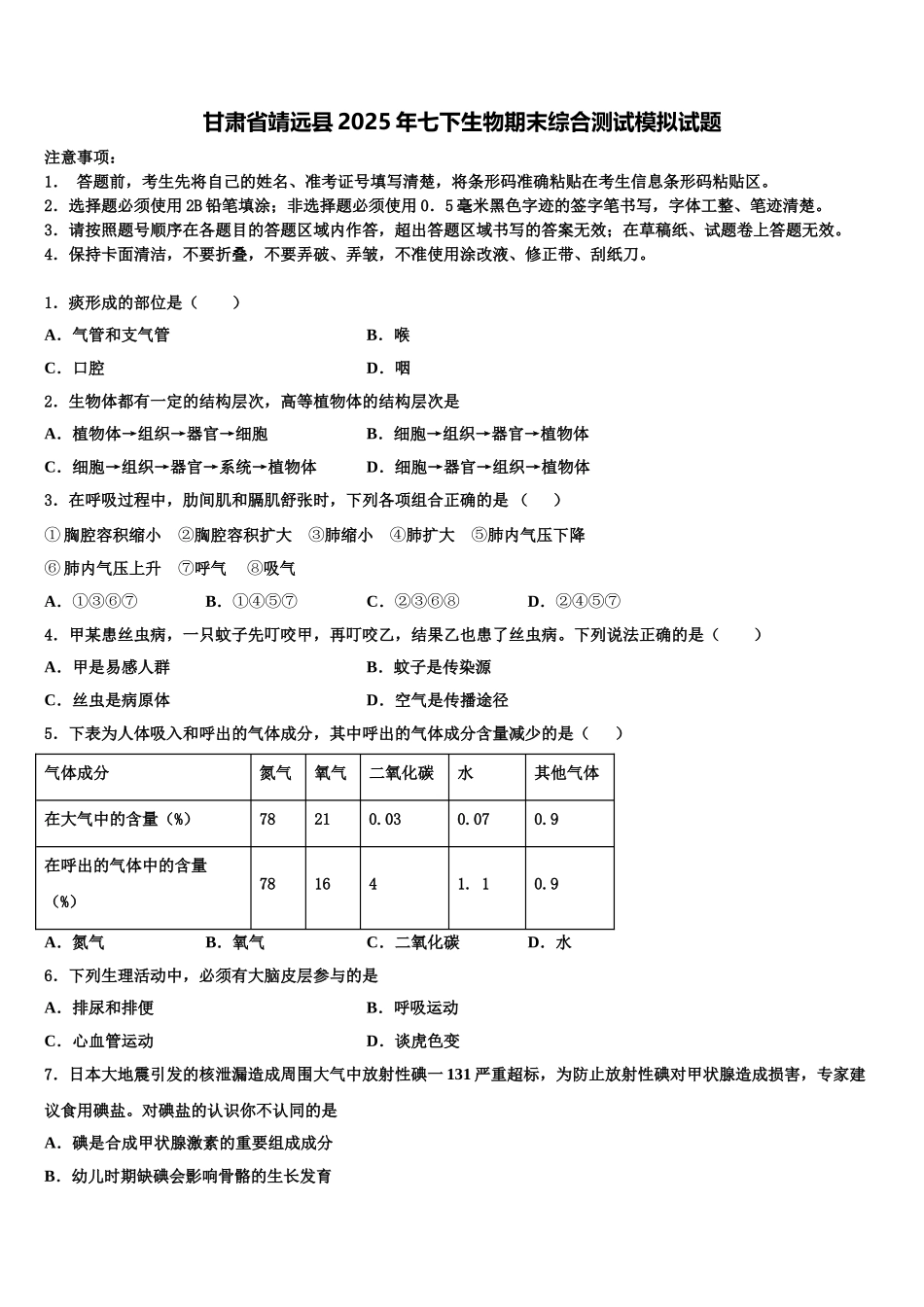 甘肃省靖远县2025年七下生物期末综合测试模拟试题含解析_第1页