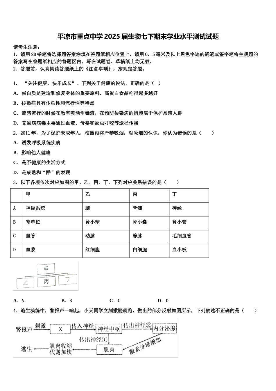 平凉市重点中学2025届生物七下期末学业水平测试试题含解析_第1页