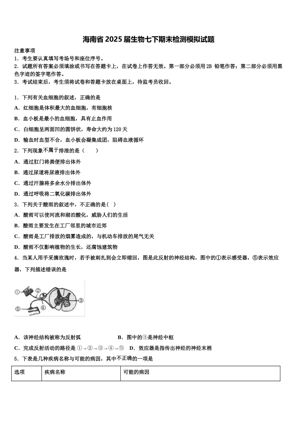 海南省2025届生物七下期末检测模拟试题含解析_第1页