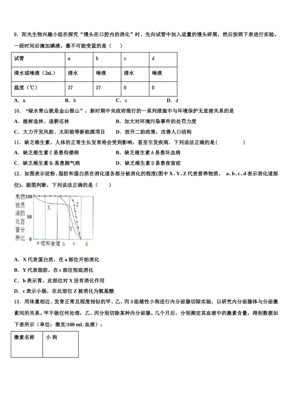 2024-2025学年广东省汕尾市名校七下生物期末预测试题含解析_第2页