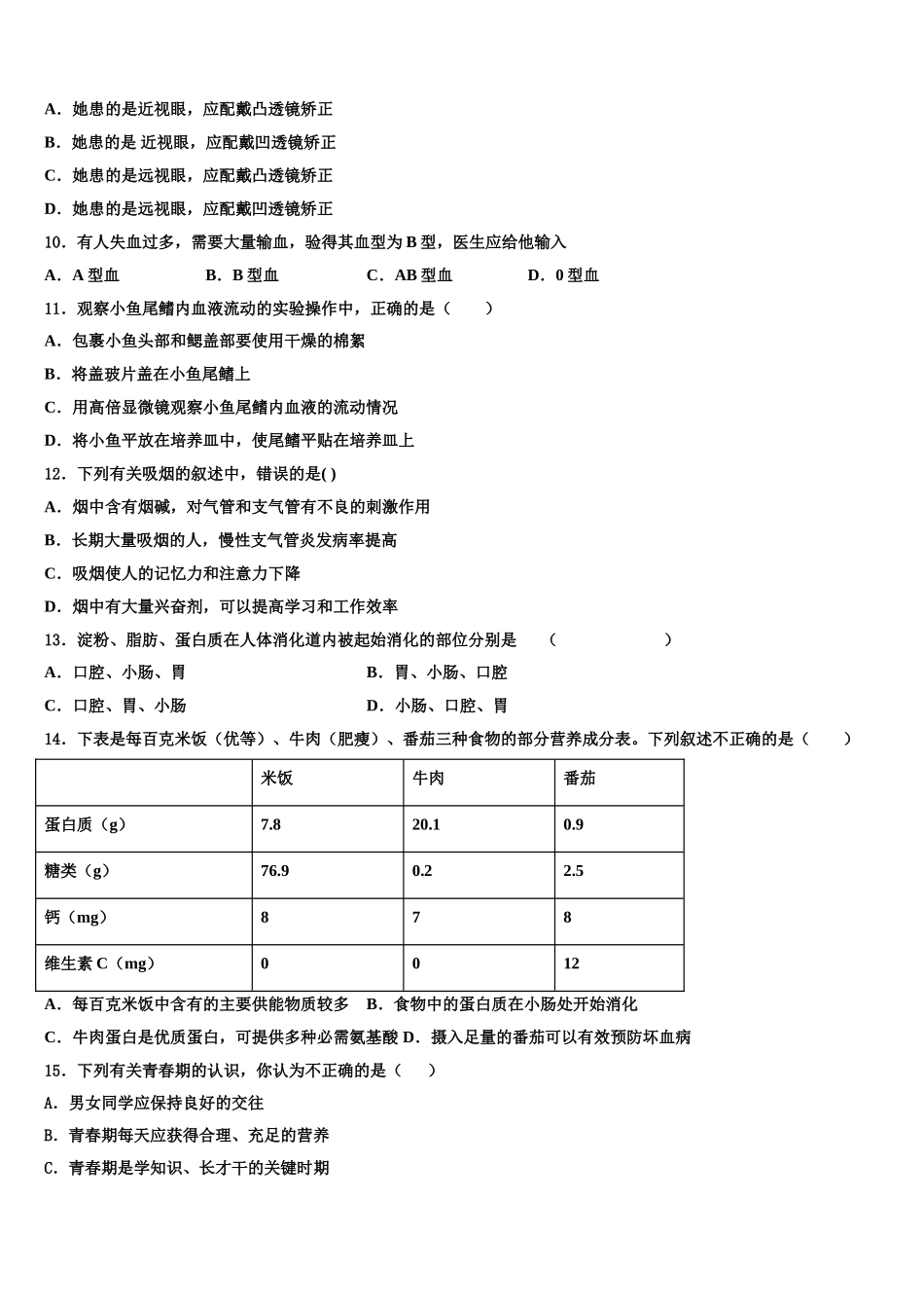 广东省东莞市东方明珠学校2025年七下生物期末达标测试试题含解析_第2页