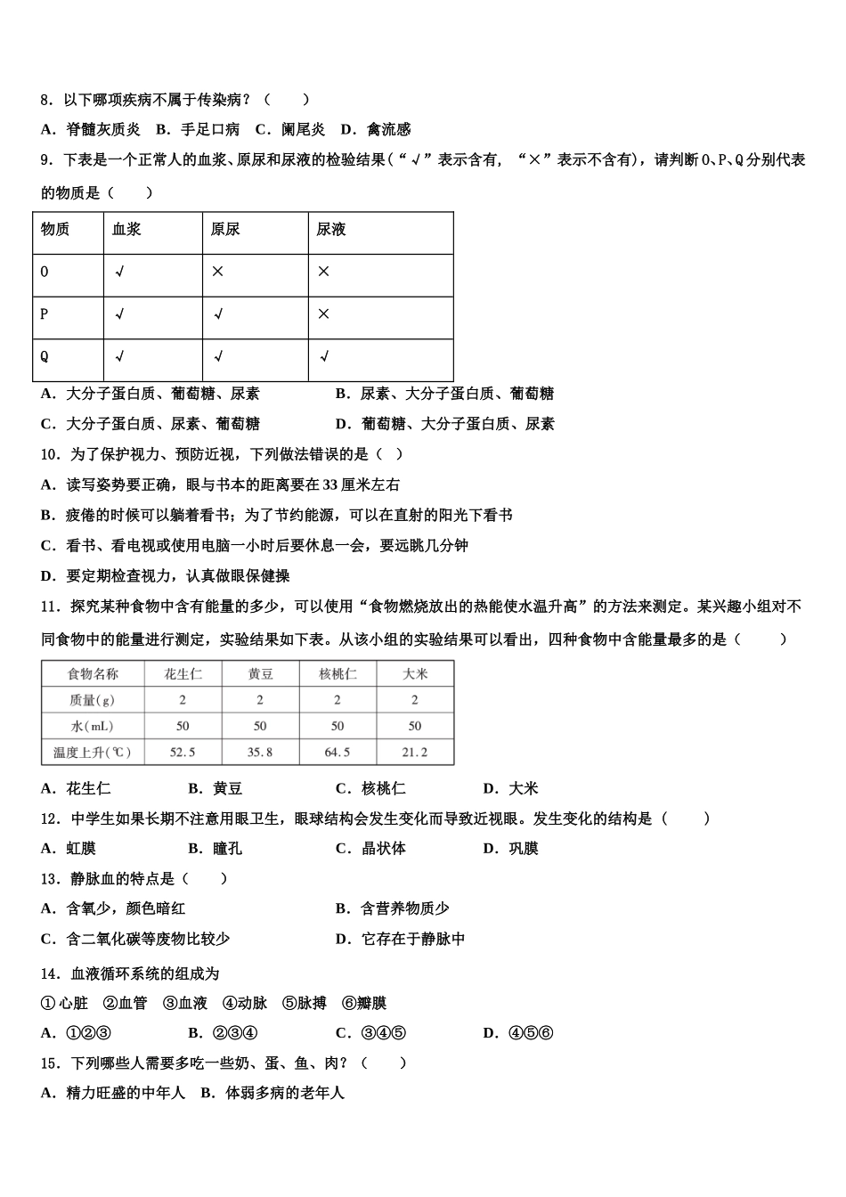 2025届广东省广州市东环中学七年级生物第二学期期末检测模拟试题含解析_第2页