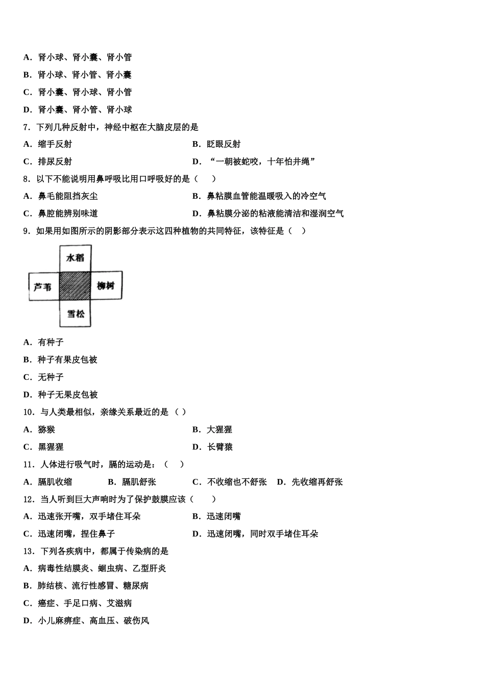 2025届广东省茂名市第二中学七年级生物第二学期期末检测模拟试题含解析_第2页