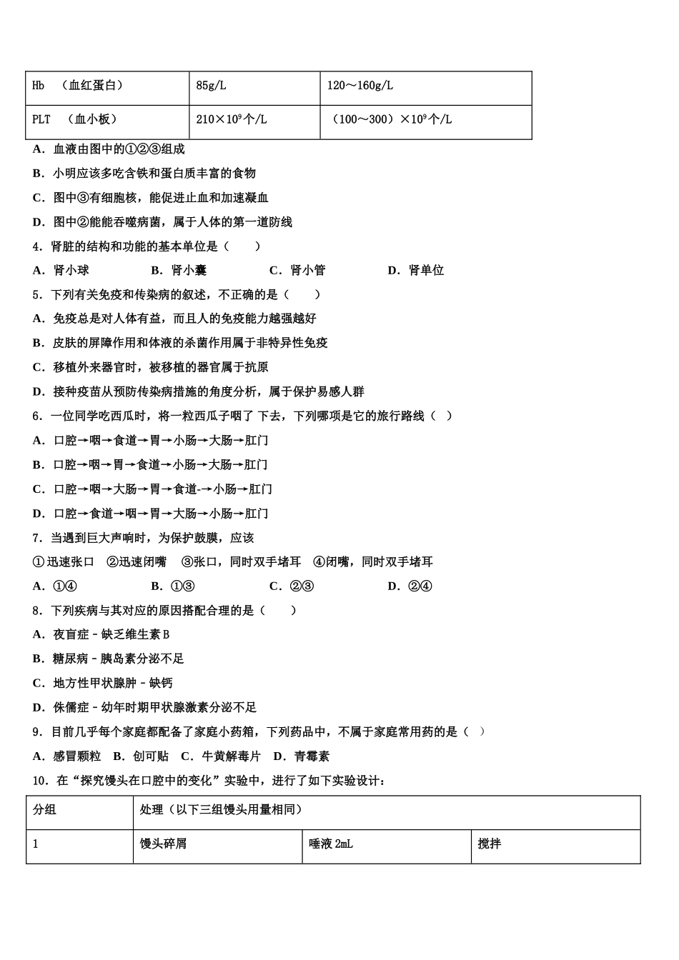 广东省深圳市龙华实验学校2024-2025学年生物七年级第二学期期末检测模拟试题含解析_第2页