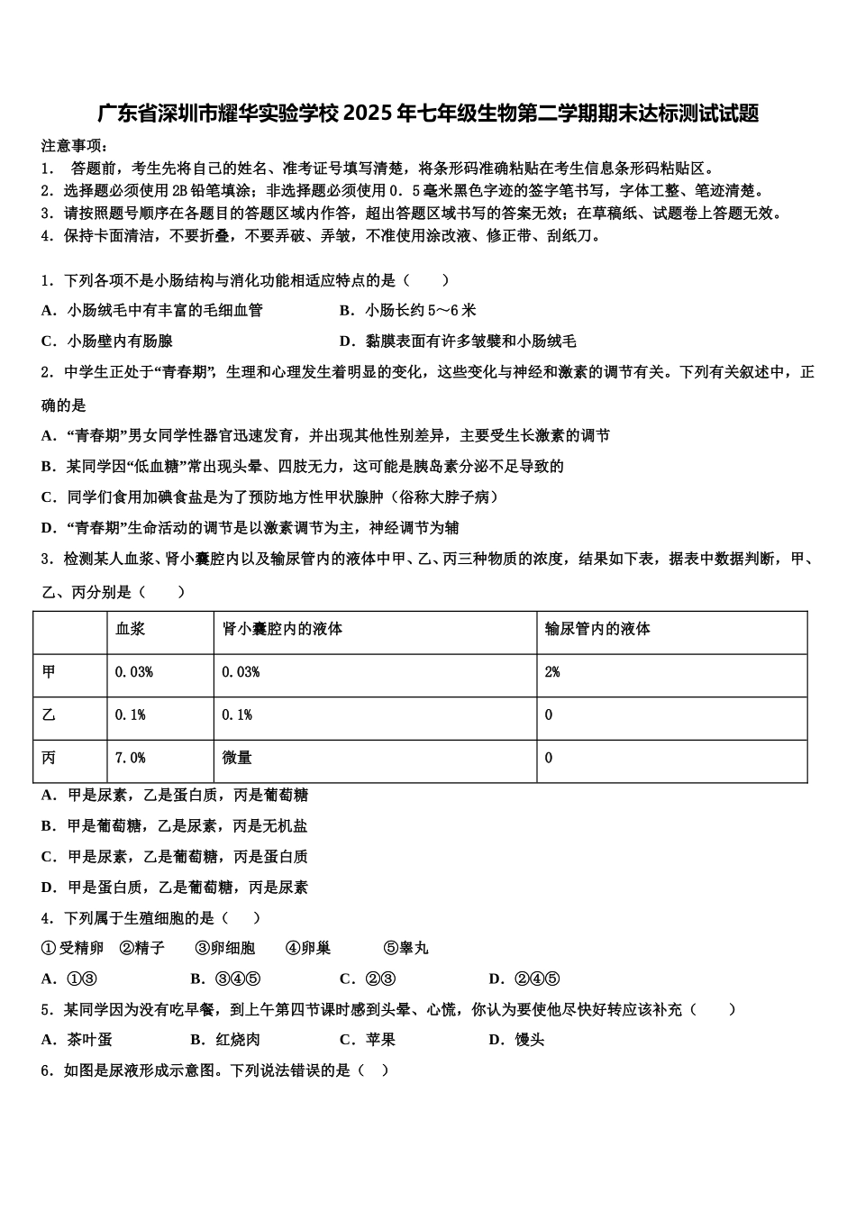 广东省深圳市耀华实验学校2025年七年级生物第二学期期末达标测试试题含解析_第1页
