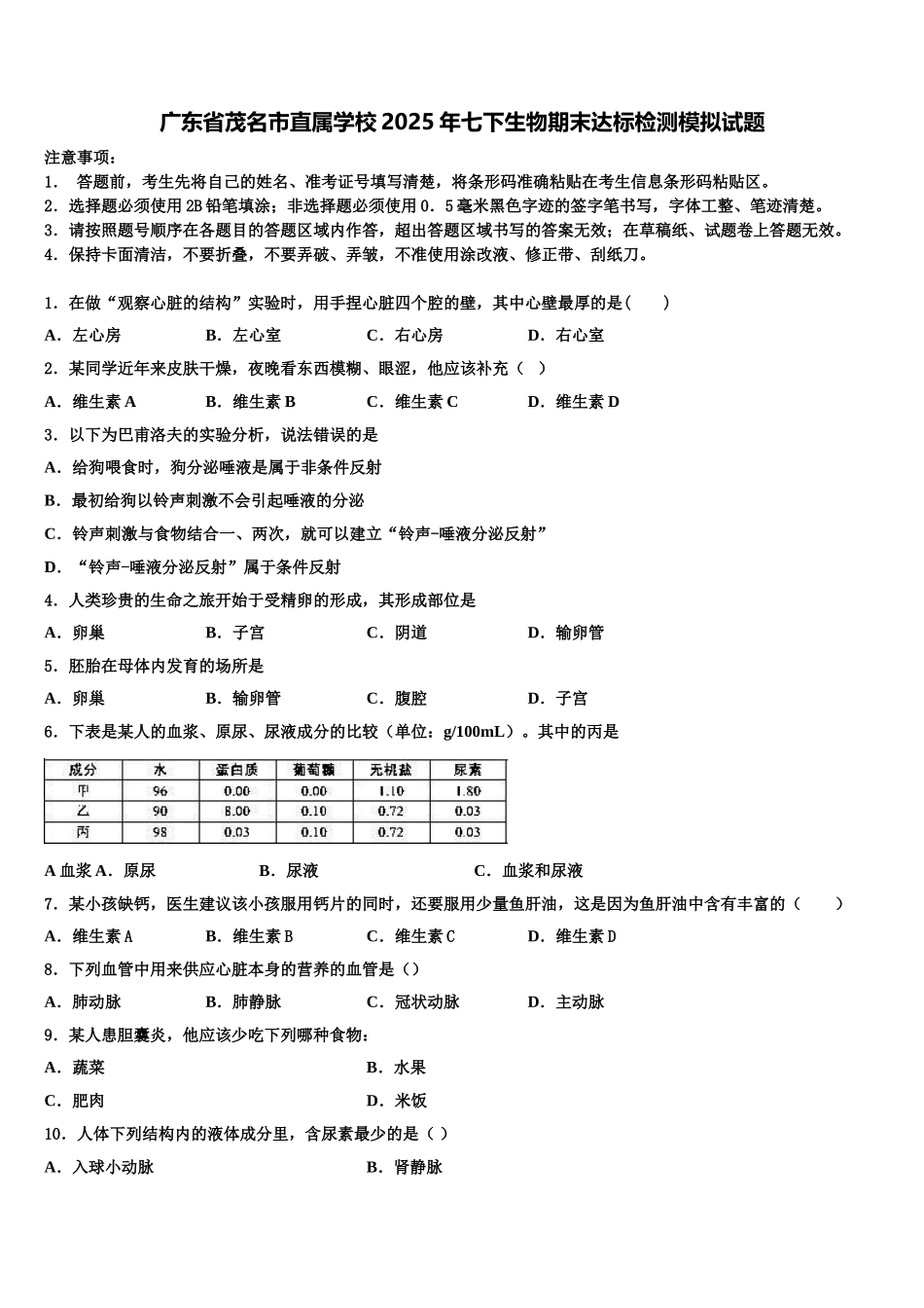 广东省茂名市直属学校2025年七下生物期末达标检测模拟试题含解析_第1页