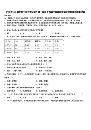 广东省汕头潮阳区五校联考2025届七年级生物第二学期期末学业质量监测模拟试题含解析