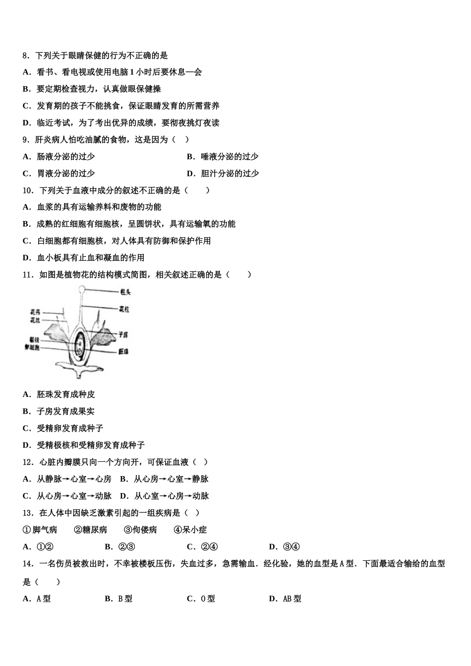 2025年广东省广东实验中学七下生物期末综合测试模拟试题含解析_第2页