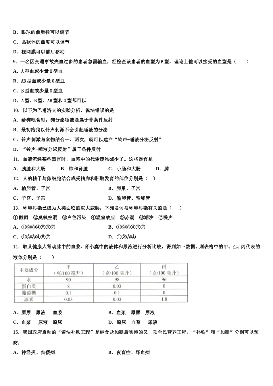 2024-2025学年广东省东莞市中学堂镇六校生物七下期末检测试题含解析_第2页