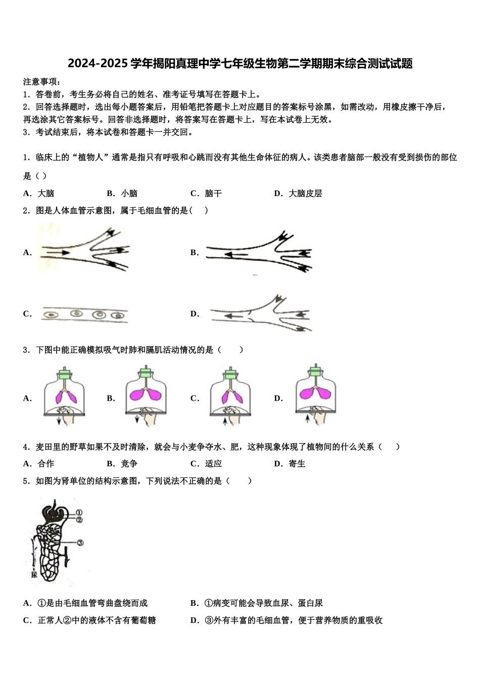 2024-2025学年揭阳真理中学七年级生物第二学期期末综合测试试题含解析_第1页